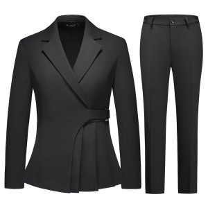 Women's Solid Blazer Pant Suit Irregular 2 Piece Set | Stylish Business Casual Outfit, Straight-Leg Pants with Elastic Waistband