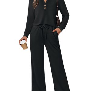 WIHOLL Two Piece Lounge Sets for Women Fall Travel Airport Vacation Outfits | Long Sleeve Wide Leg Pants XS-2XL