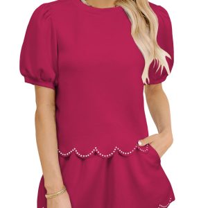 Urchics Dressy 2 Piece Skirt Sets for Women Pearl Scalloped Trim Puff Sleeve Skort Shorts Set 2026 Summer Matching Outfits