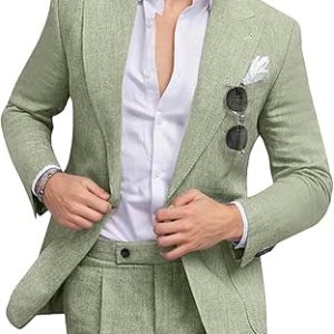 Men's Linen Suit 2 Piece Summer Suits Casual Blazer Pants Set | Men's Linen Suit, Slim Fit, Summer Beach Wedding Suits, Peak Lapel Blazer, Men Lightweight Outfit, Prom Business Tuxedo