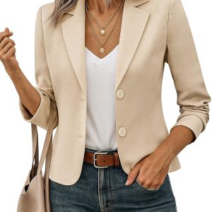 Women's Business Casual Cropped Blazer Lapel Collar Long Sleeve Work Office Suit Jacket with Fully Lined S-XL